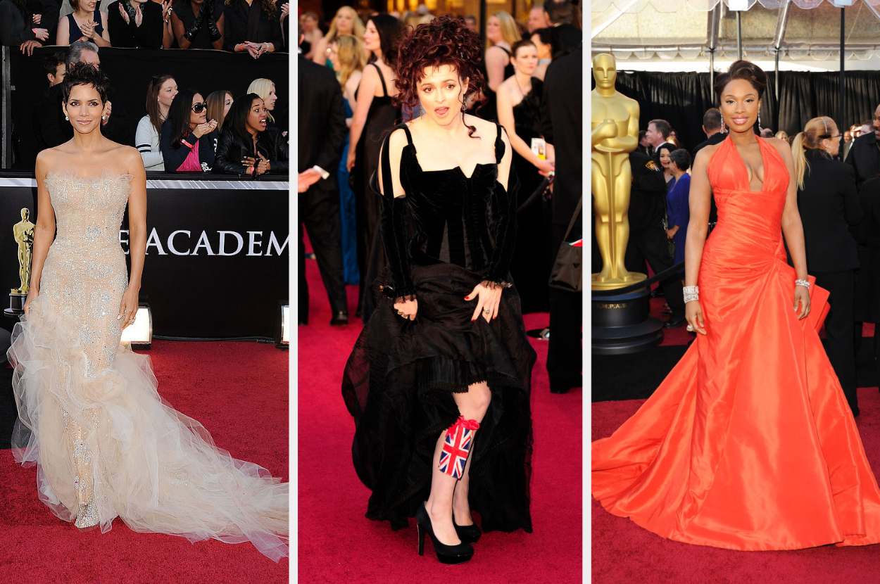 halle berry in a beaded gown with a tulle train, Helena Bonham Carter in a velvet dress with a UK flag around her shin, and Jennifer Hudson in a satin mermaid gown