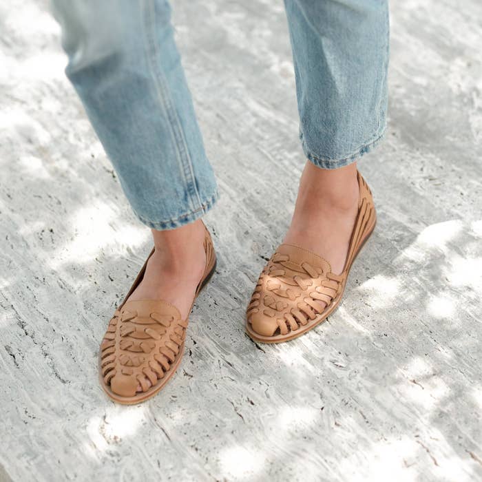 model in light brown huarache sandals
