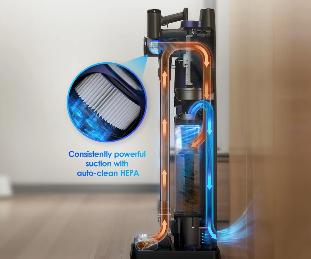 Cutaway view of a vacuum showcasing its HEPA filter and suction feature