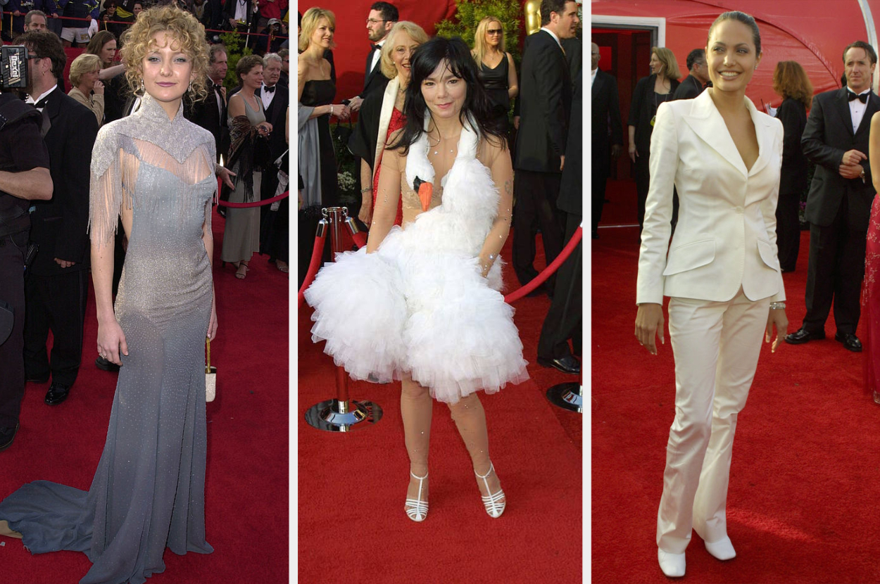 kate hudson in a sheer long gown with an empire style, bjork in fluffy knee-length swan dress, and Angelina jolie in tailored satin suit