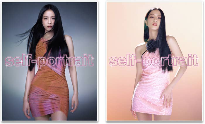 Two side-by-side images of the same woman in different sparkling dresses, with the text &quot;self-portrait&quot;