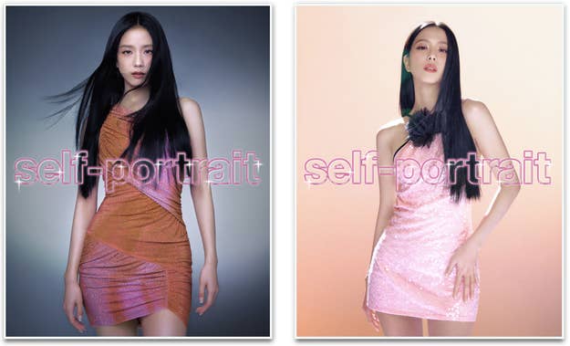 Two side-by-side images of the same woman in different sparkling dresses, with the text "self-portrait"