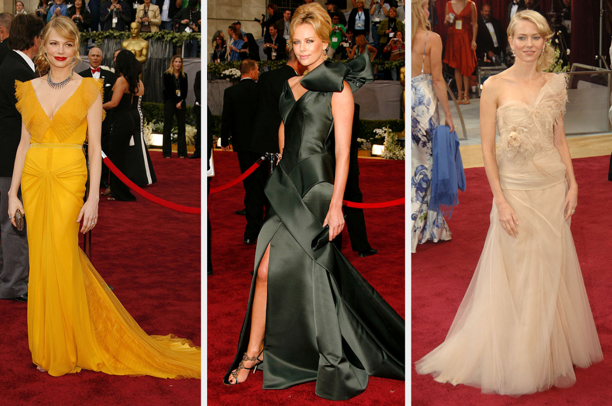 michelle williams in yellow ruffled dress with a train, charlize theron in dark long satin dress with a large bow, and naomi watts in a one-shoulder beige embellished dress