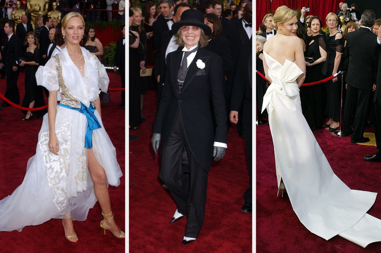 uma therman in a layered asymmetrical dress, diane keaton in a suit, gloves, and hat, and renee Zellweger in strapless gown with a large bow and train on the back