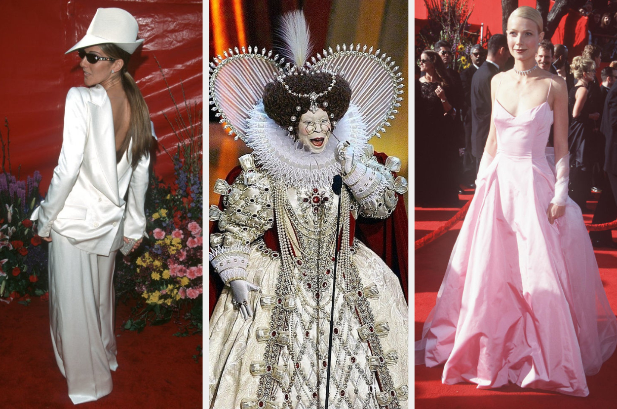 Celine Dion in chic suit with a backwards blazer and hat, Whoopi Goldberg in an ornate historical costume, and Gwyneth Paltrow in elegant thin strapped gown and shawl