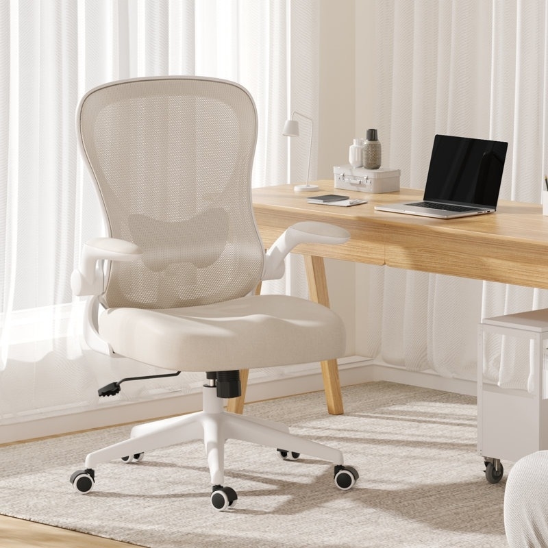Ergonomic office chair with lumbar support at a desk with a laptop, for a shopping article