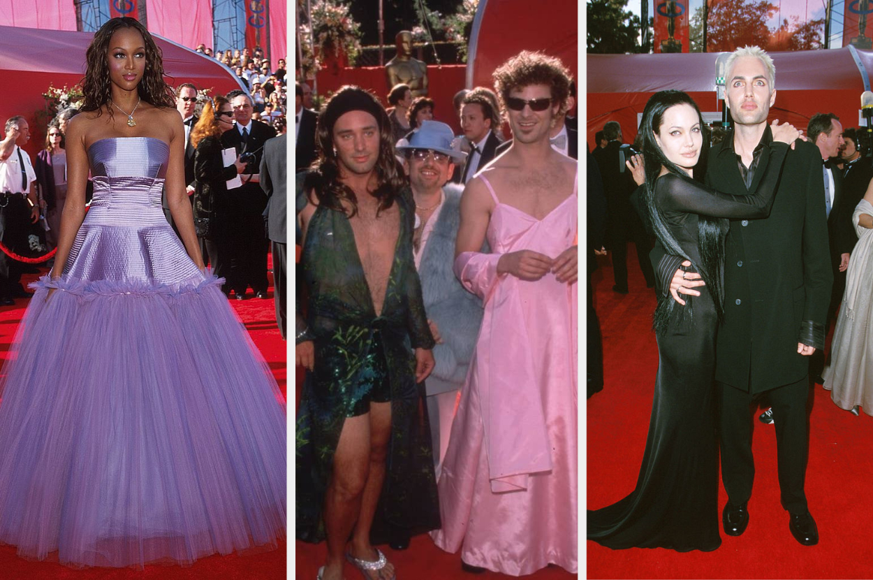 tyra banks wearing a voluminous strapless princess gown, two men dressed in dresses; and Angelina Jolie and her brother in matching dark outfits