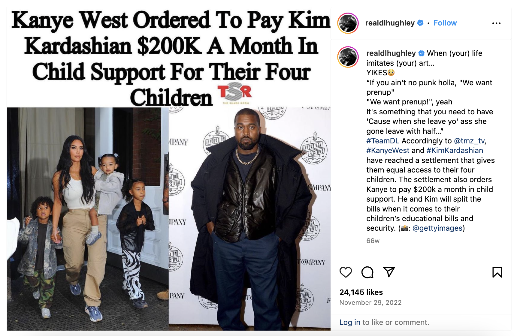 Article summary on Kanye West&#x27;s child support agreement details with a photo of Kim Kardashian with their children