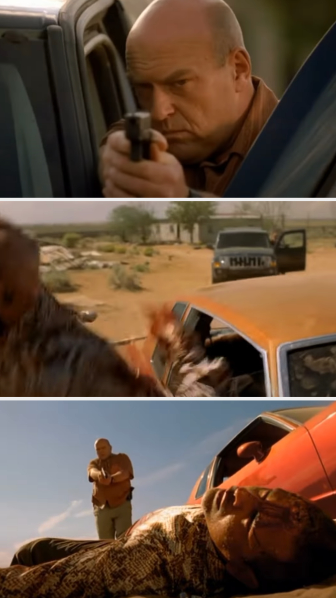 Three-panel collage from &quot;Breaking Bad&quot; with Hank Schrader in a stand-off, firing a gun, and taking cover behind a vehicle