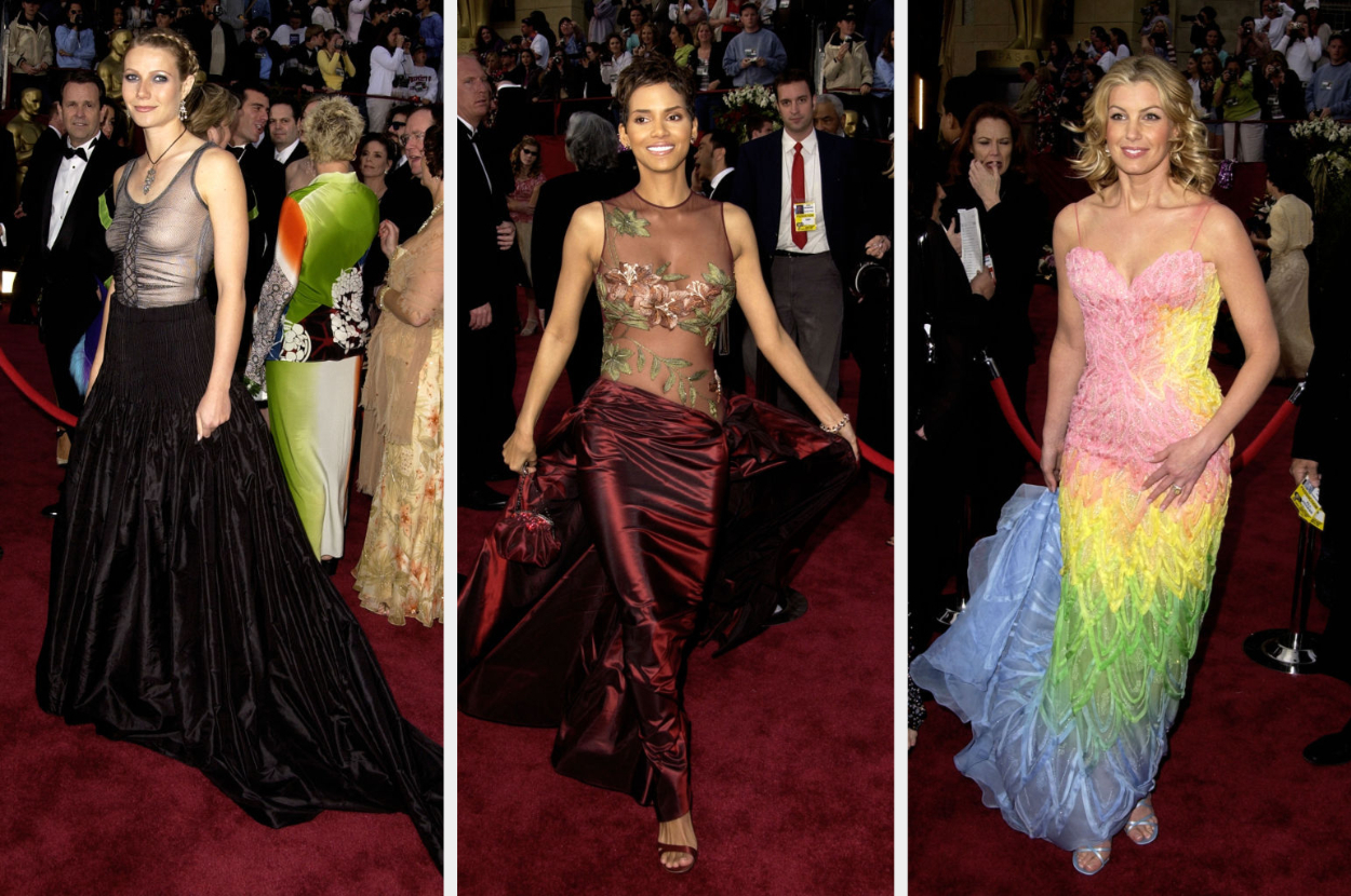 gwenyth paltrow in a tight top and full skirt, halle berry in a sheer floral top and satin skirt, and a celeb in a rainbow tulle dress
