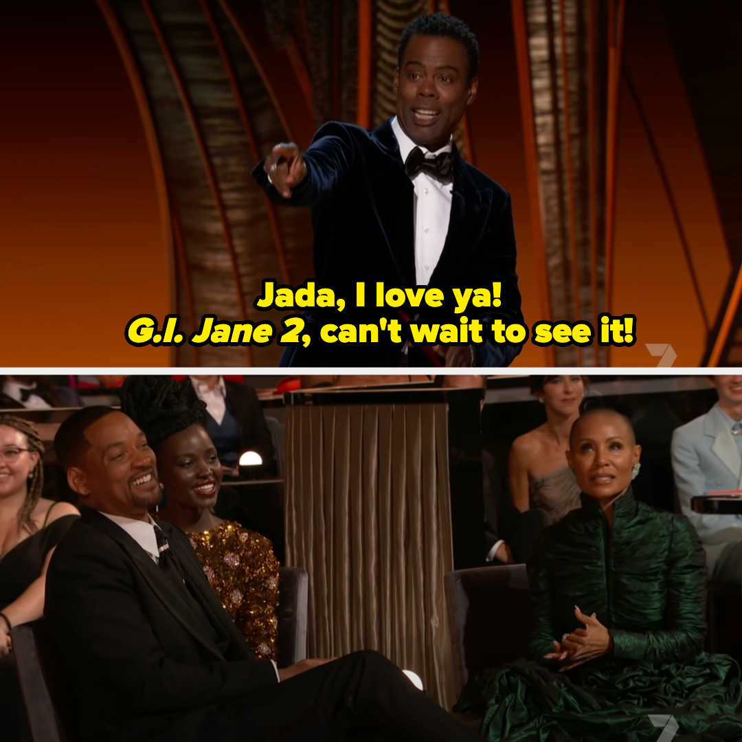 chris on stage gesturing towards the Smiths in the audience. Text on image says &quot;Jada, I love ya! G.I. Jane 2, can&#x27;t wait to see it!&quot;