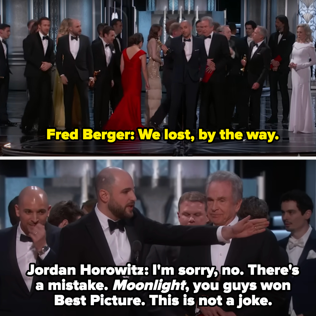Two scenes at an award show, one with Fred Berger speaking and another with Jordan Horowitz correcting a Best Picture announcement