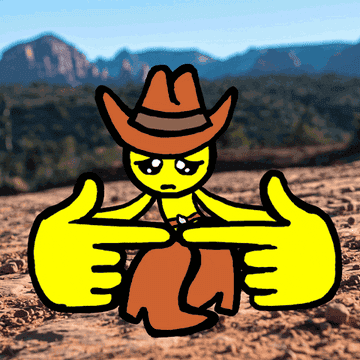 Personaje animado estilo emoji con sombrero de vaquero haciendo gesto de &quot;no me gusta&quot;