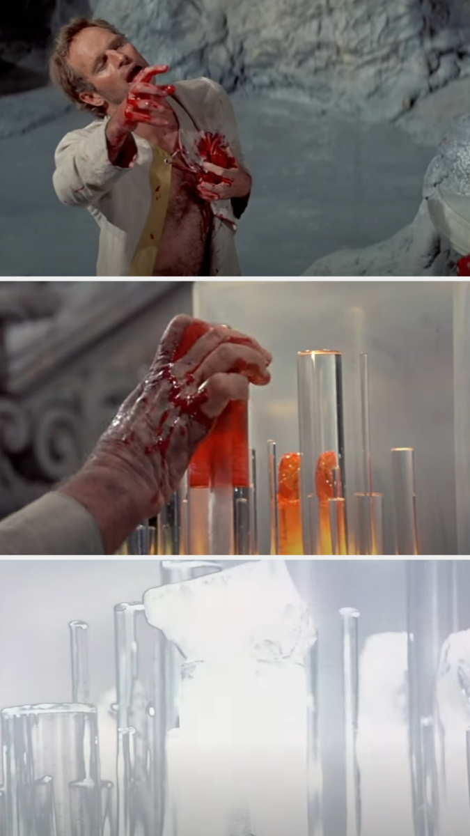 sequence from a movie showing a man with blood on his hands, a hand pouring a liquid into test tubes, then the tubes alone