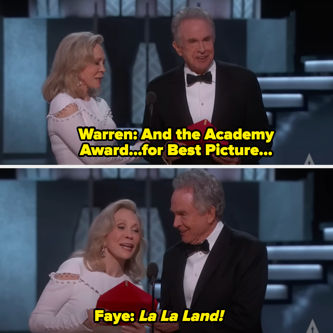 Faye Dunaway and Warren Beatty on stage announcing a Best Picture winner at the Oscars