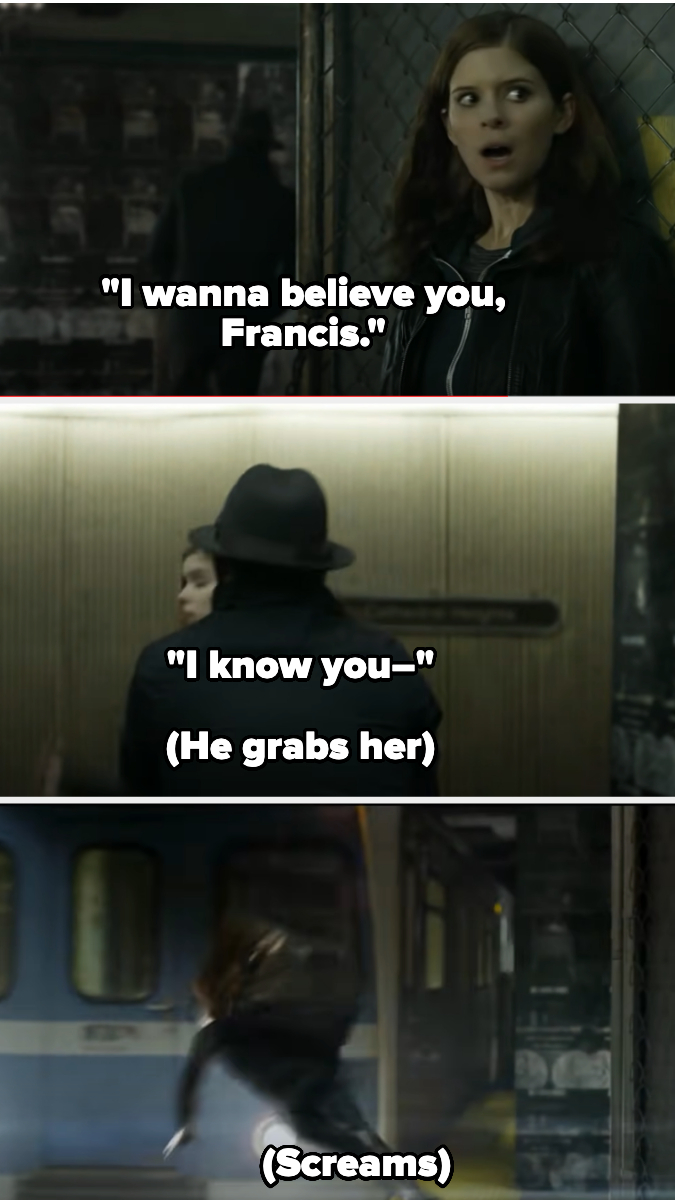 her character being grabbed by a man in the subway and pushing her in front of one