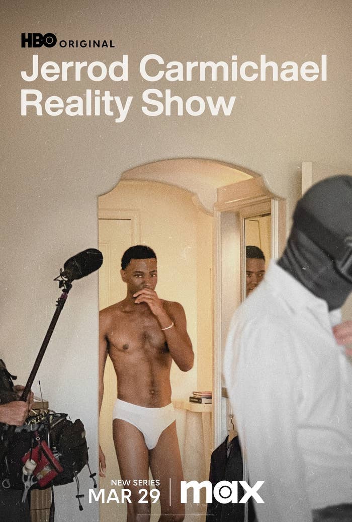 Jerrod Carmichael shirtless in briefs on a film set, HBO&#x27;s &quot;Reality Show&quot; series poster