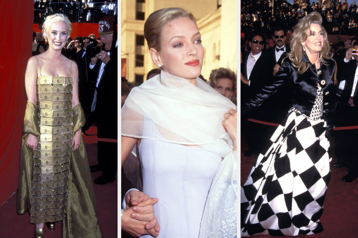 one woman in a midi dress made of metallic dollar bills, uma thurman in a form fittin dress and sheer shawl and another celeb in a checkered skirt and shiny jacket