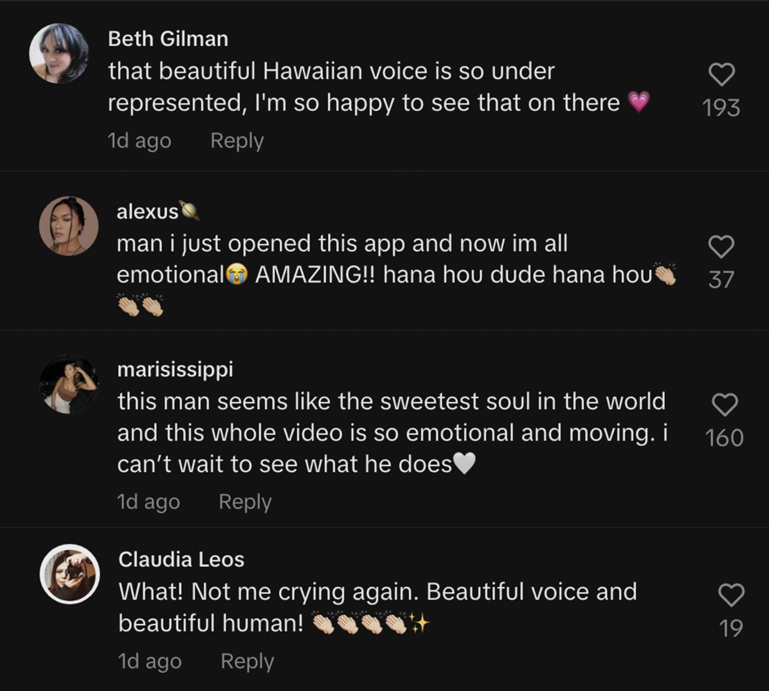 Screenshot of comments about Kamalei&#x27;s performance