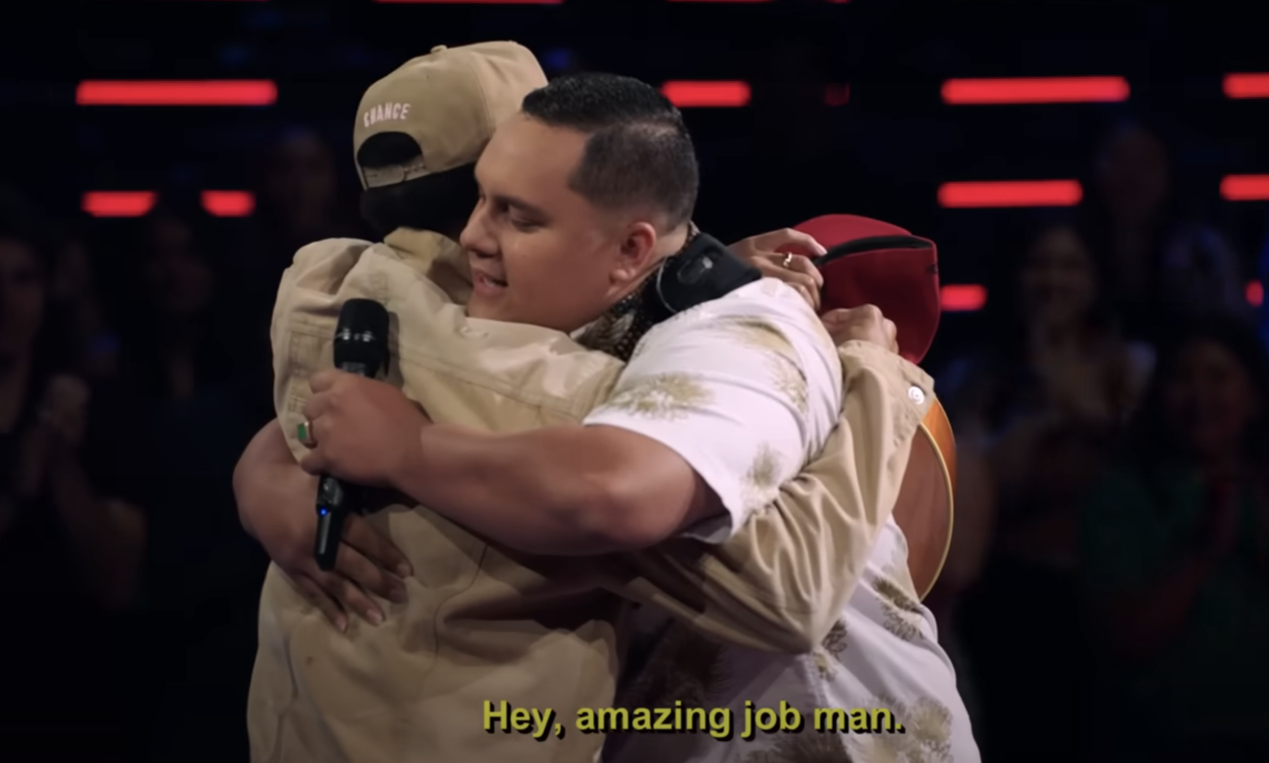 Closeup of Kamalei and Chance the Rapper hugging on &quot;The Voice&quot;