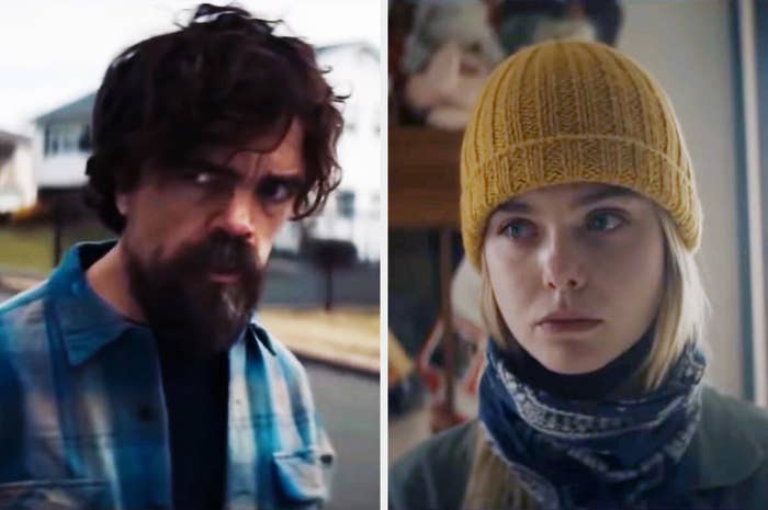 Two characters, a man with a beard and a woman in a beanie, appear in separate frames from a movie