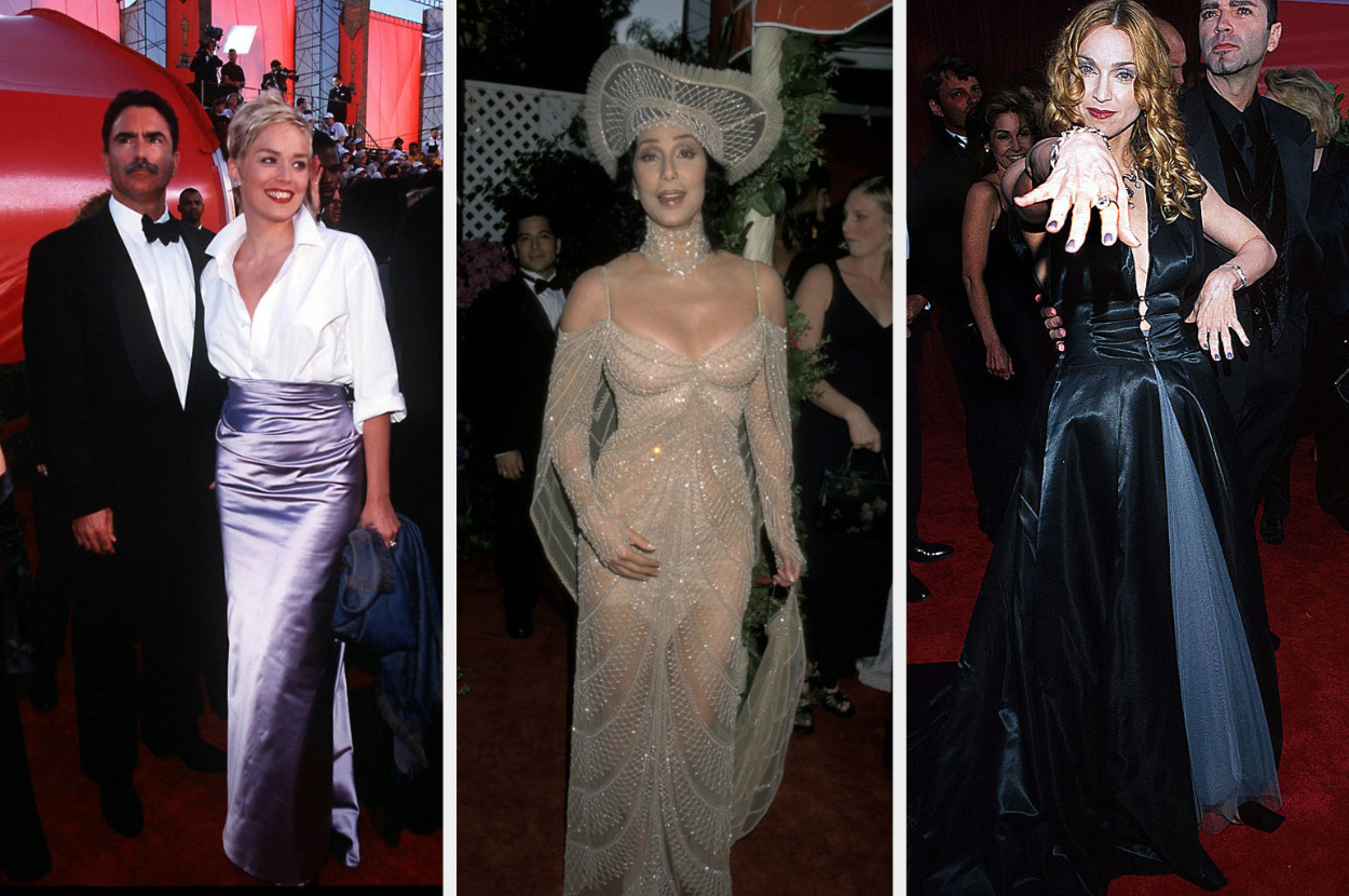 Sharon Stone in a white top and shiny skirt, Cher in a sheer, embellished gown and headpiece, and Madonna in a shiny dark dress with a high collar, accessorized with rings