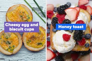 a side by side photo of cheesy egg and biscuit cups and honey toast 