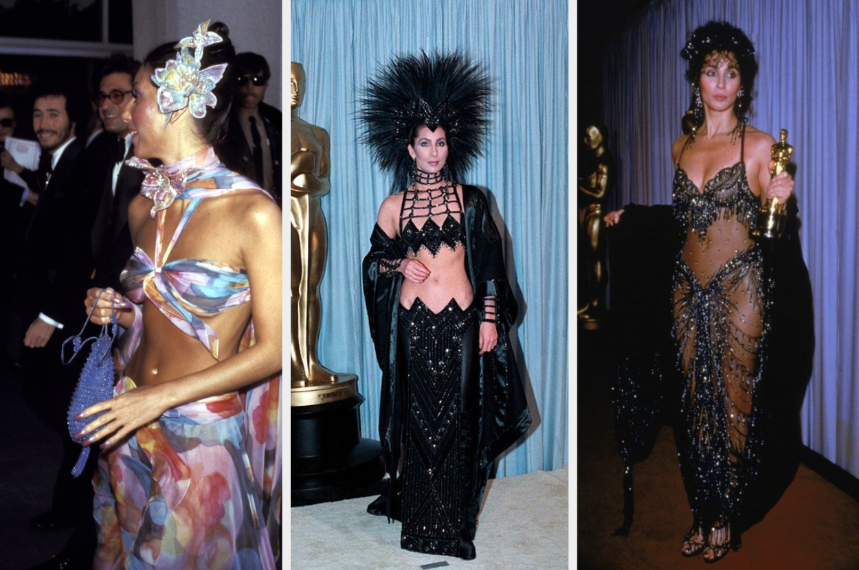 cher in two-piece floral dress showing her midriff, her in a bold black ensemble with tall headpiece, and cher in a sheer  black gown with gold accents