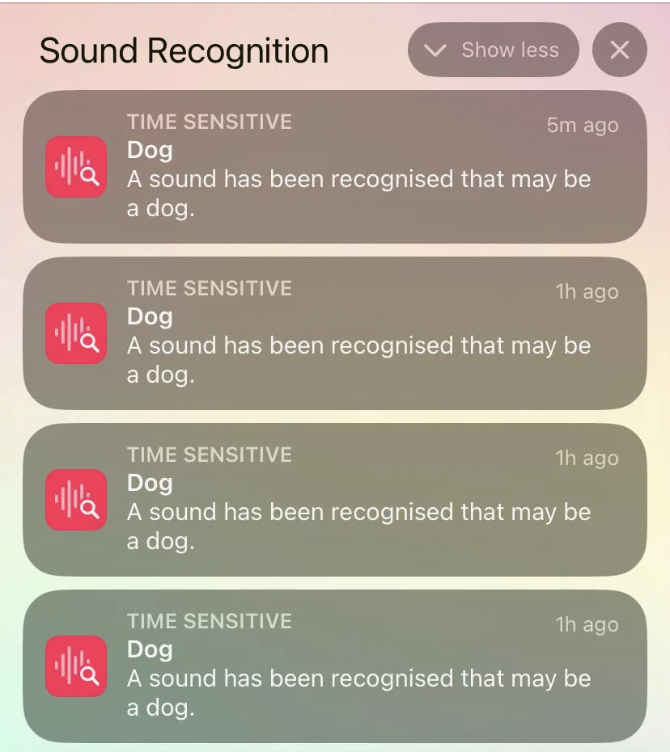 Notifications showing sound recognition alerts for a dog barking multiple times