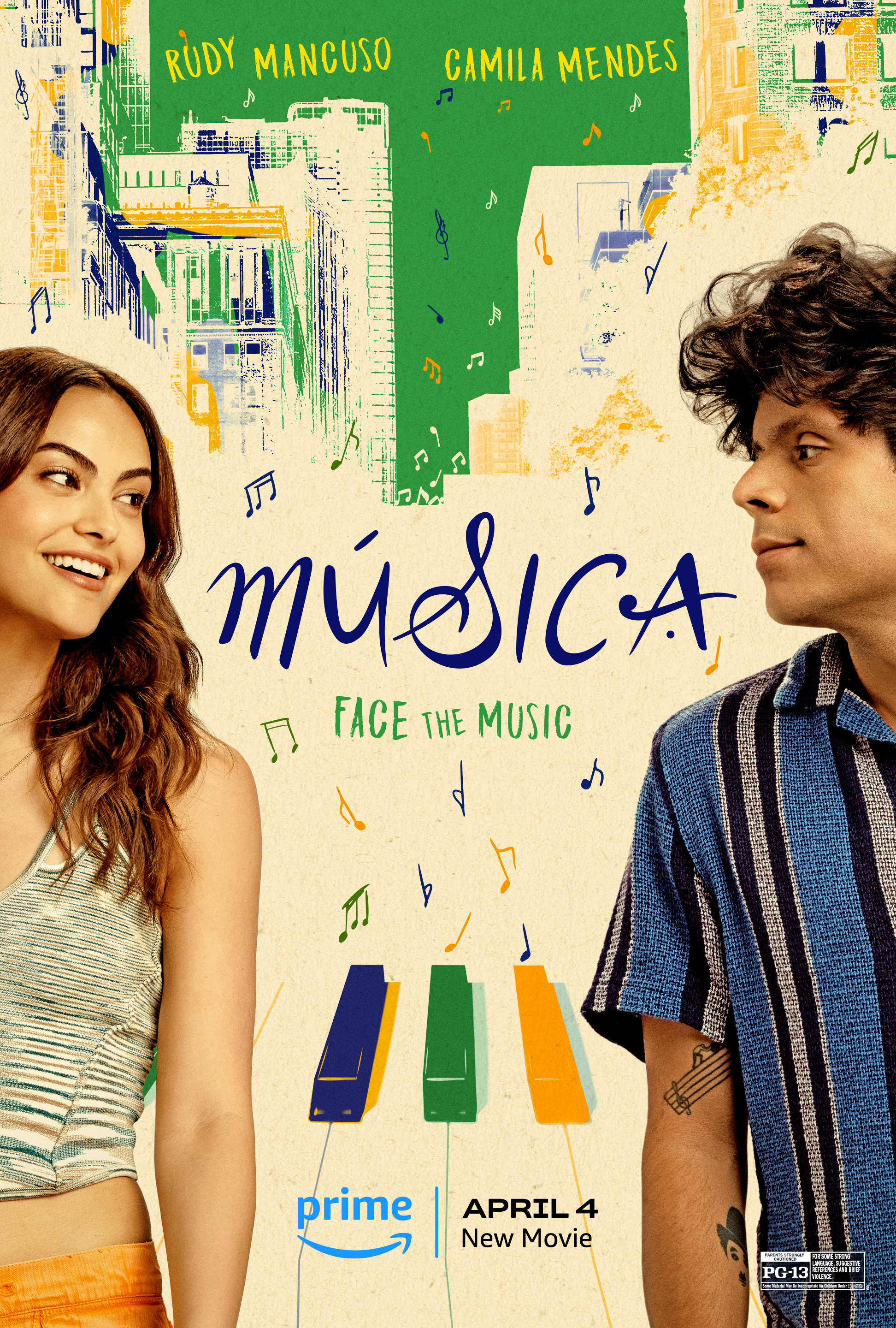 Movie poster for &quot;Música&quot; featuring Camila Mendes and Rudy Mancuso, with musical motifs and release date April 4