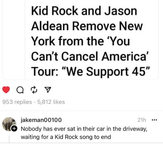 Image summarizing a social media post with text stating support for &#x27;45&#x27; by Kid Rock and Jason Aldean, alongside user reactions