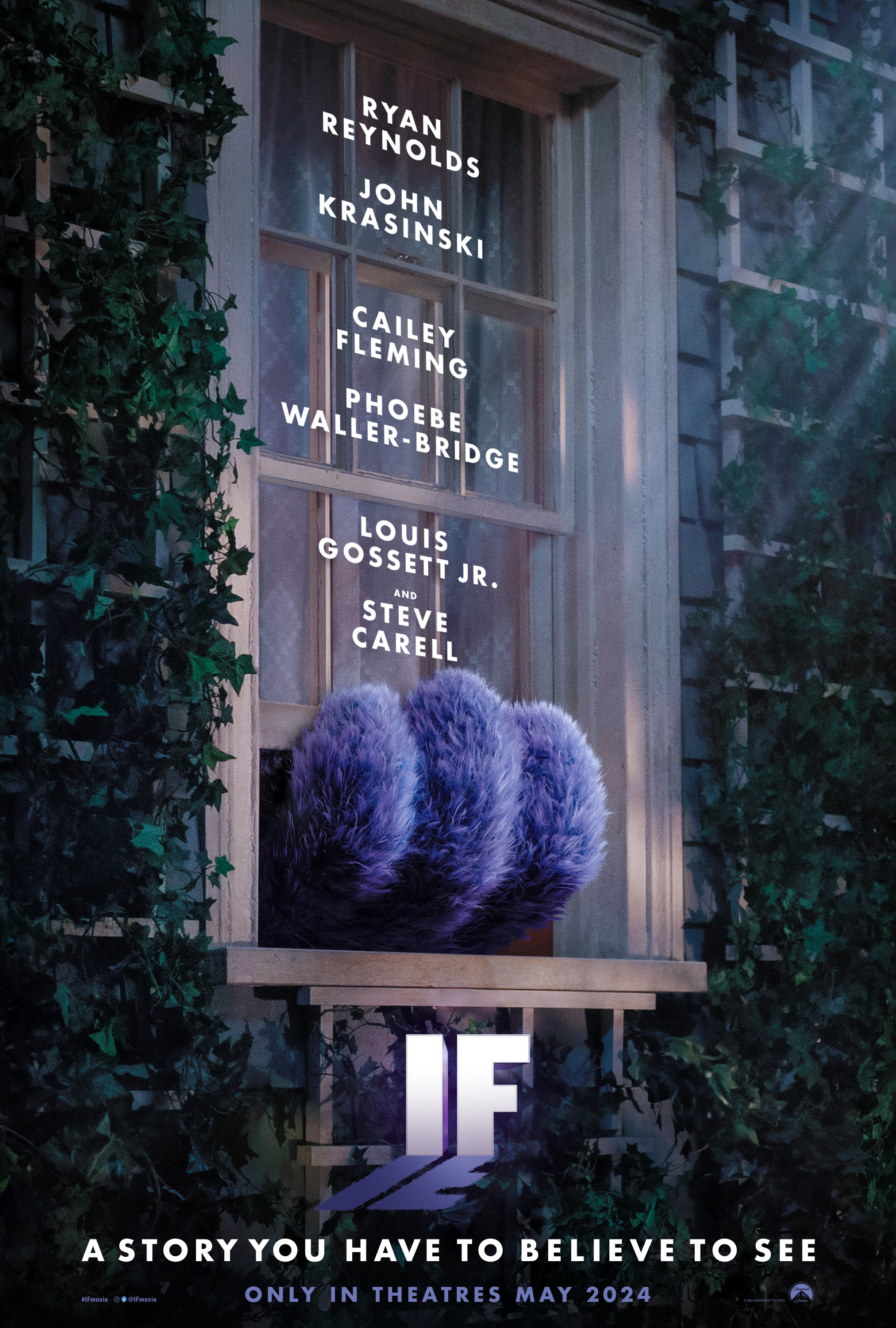 Movie poster for &quot;IF&quot; showcasing actors&#x27; names with a view of a window partially covered by foliage and a large furry creature&#x27;s feet visible