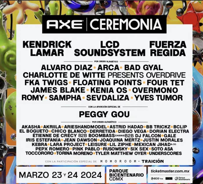 Cartel con nombres de artistas en un festival de música, incluyendo Kendrick Lamar y LCD Soundsystem, para el 24 de marzo de 2024