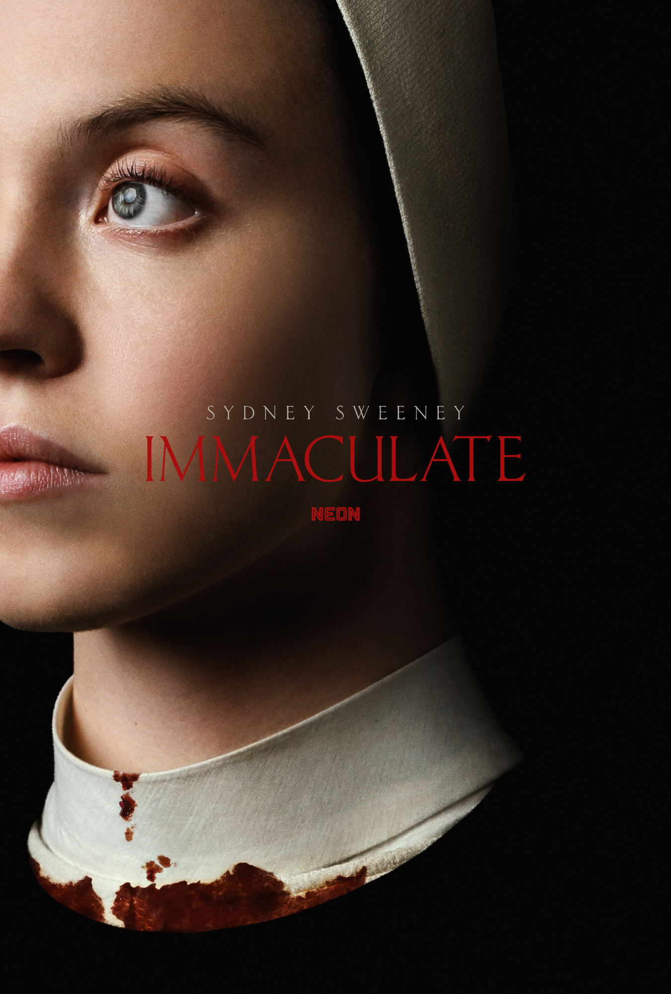 Close-up of Sydney Sweeney wearing a nun&#x27;s habit with a bloodstain on the collar, movie poster for &quot;Immaculate.&quot;