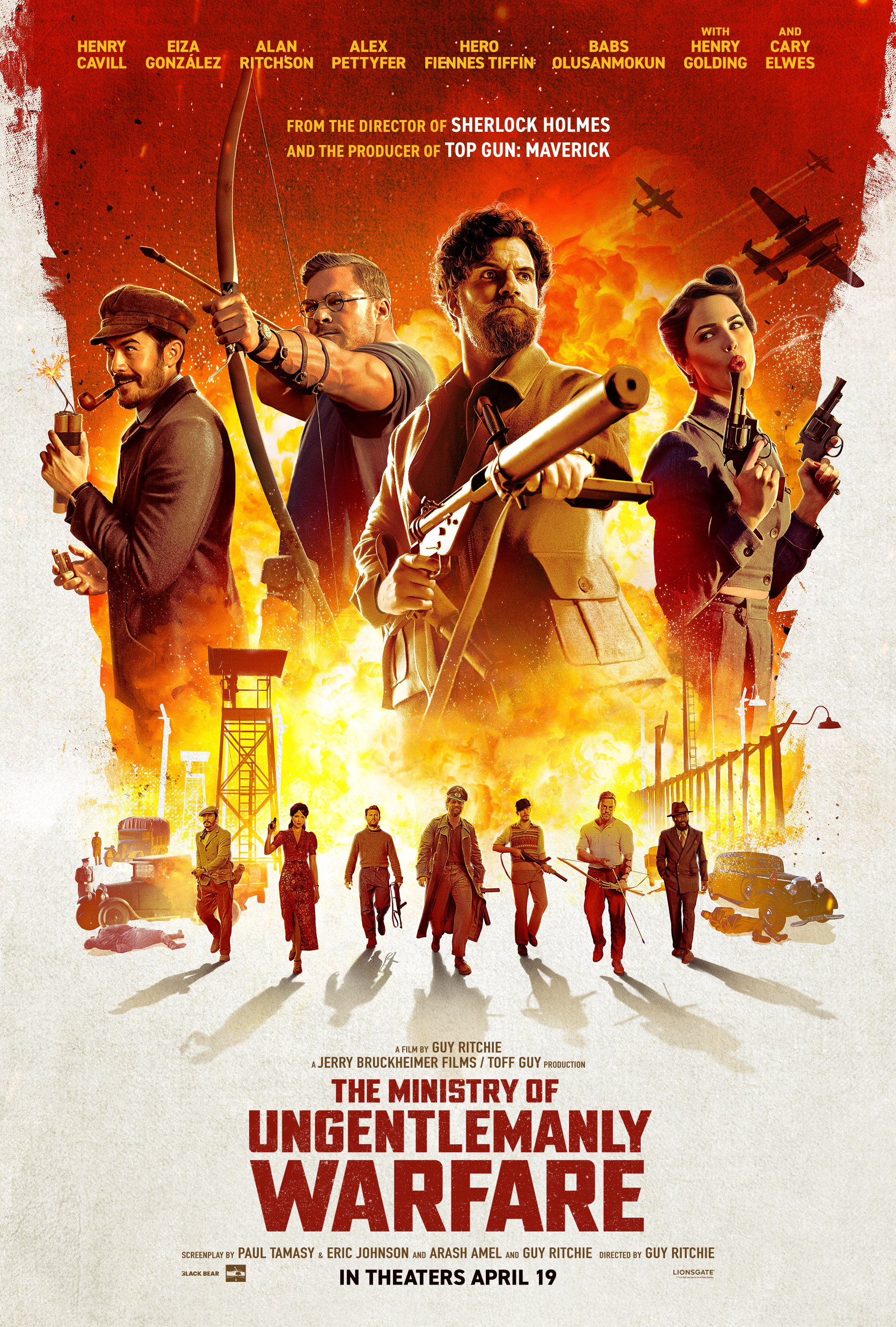 Movie poster for &quot;The Ministry of Ungentlemanly Warfare&quot; featuring main cast posed with action gear, details of director, producer, and release date