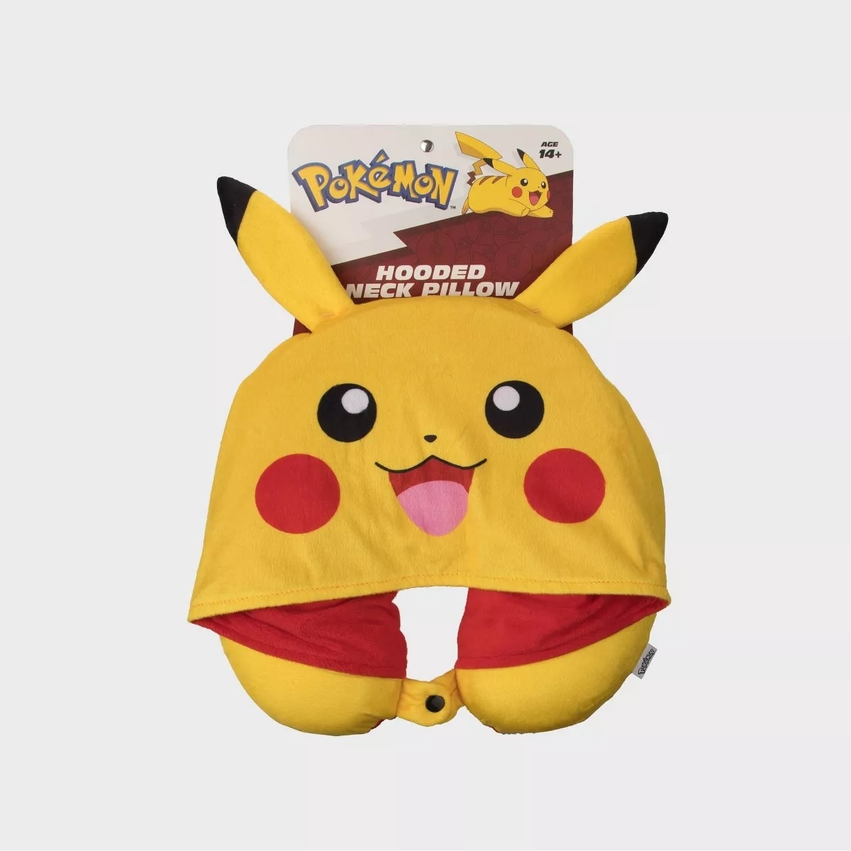 Pikachu-themed hooded neck pillow with character features, for travel comfort