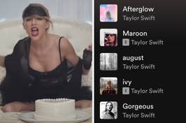 On the left, Taylor Swift sitting on a bed with a heart-shaped cake next to her in the Blank Space music video, and on the right, a Taylor Swift Spotify playlist