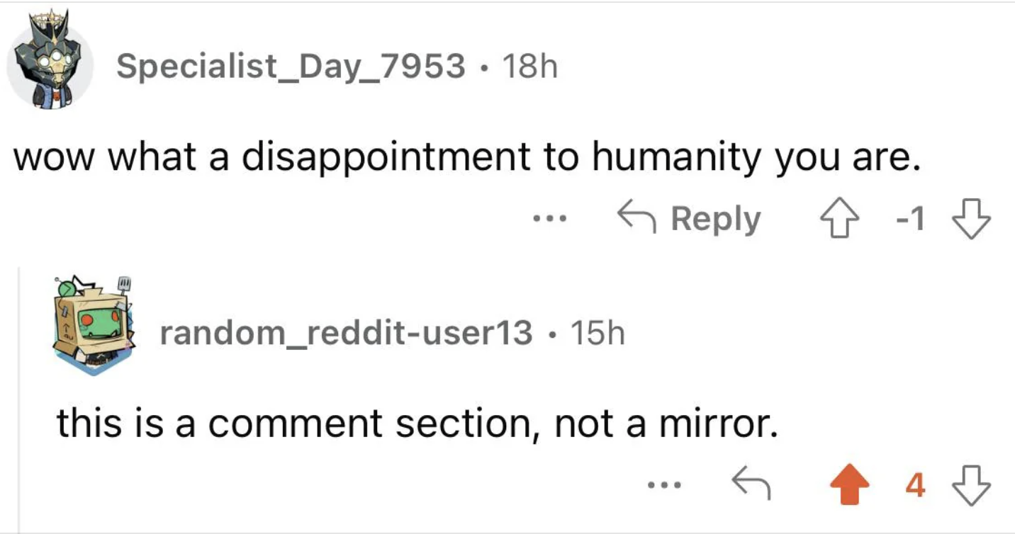 person 1: wow what a disappointment to humanity you are, person 2: this is a comment section, not a mirror
