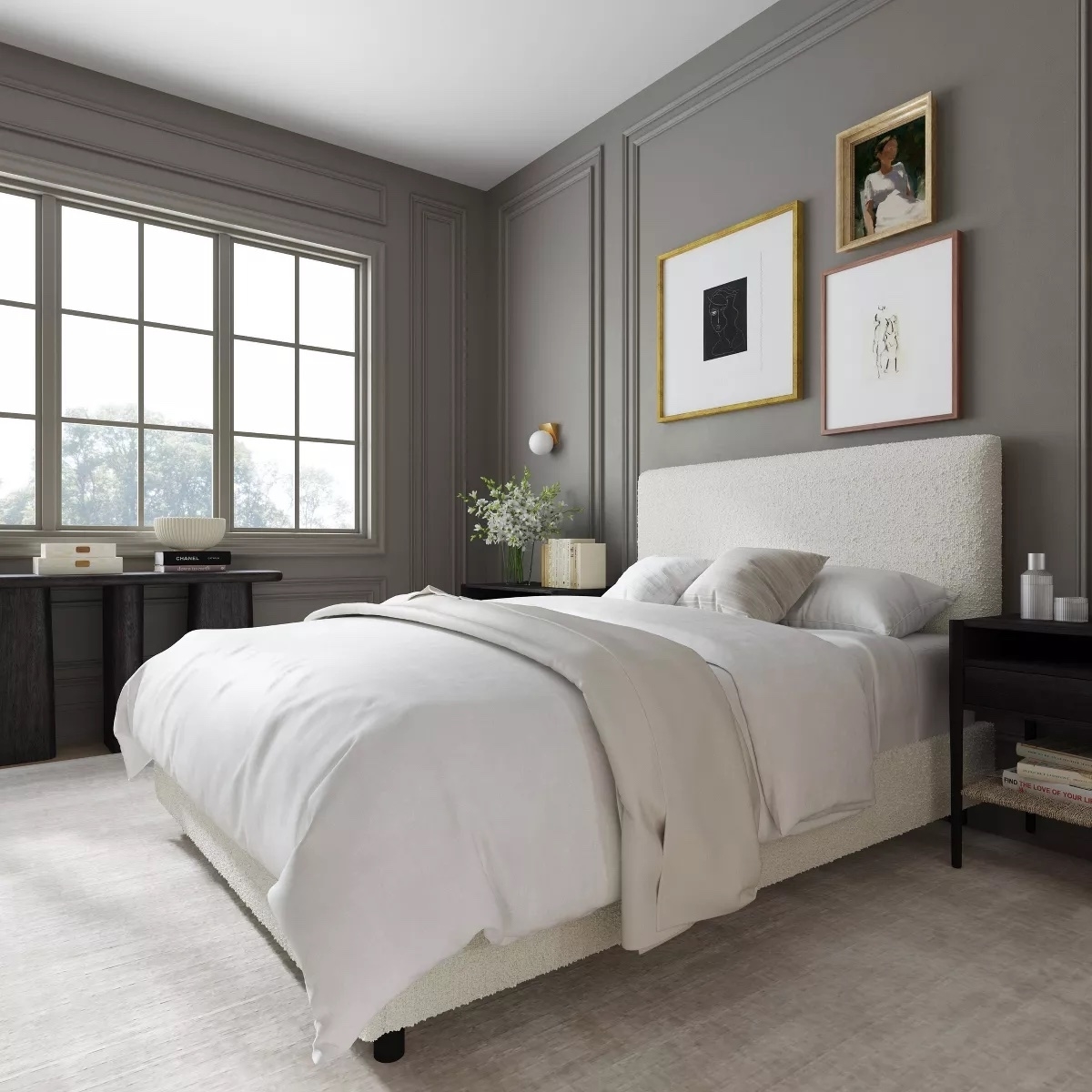 A neatly made bed with white bedding in a modern bedroom setting, suitable for shopping content focused on home decor