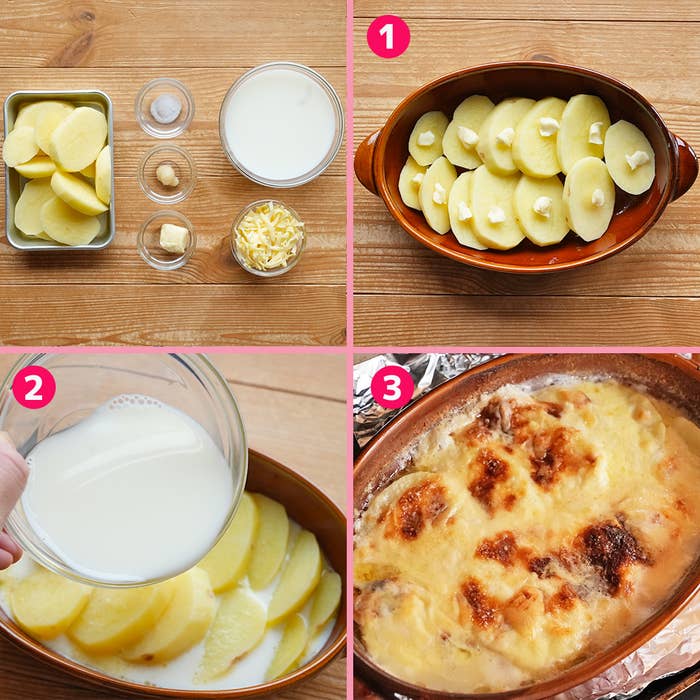 ポテトグラタン作り方、材料とステップバイステップのプロセスを示す。