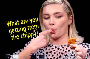 Florence Pugh eating a chicken nugget. 
