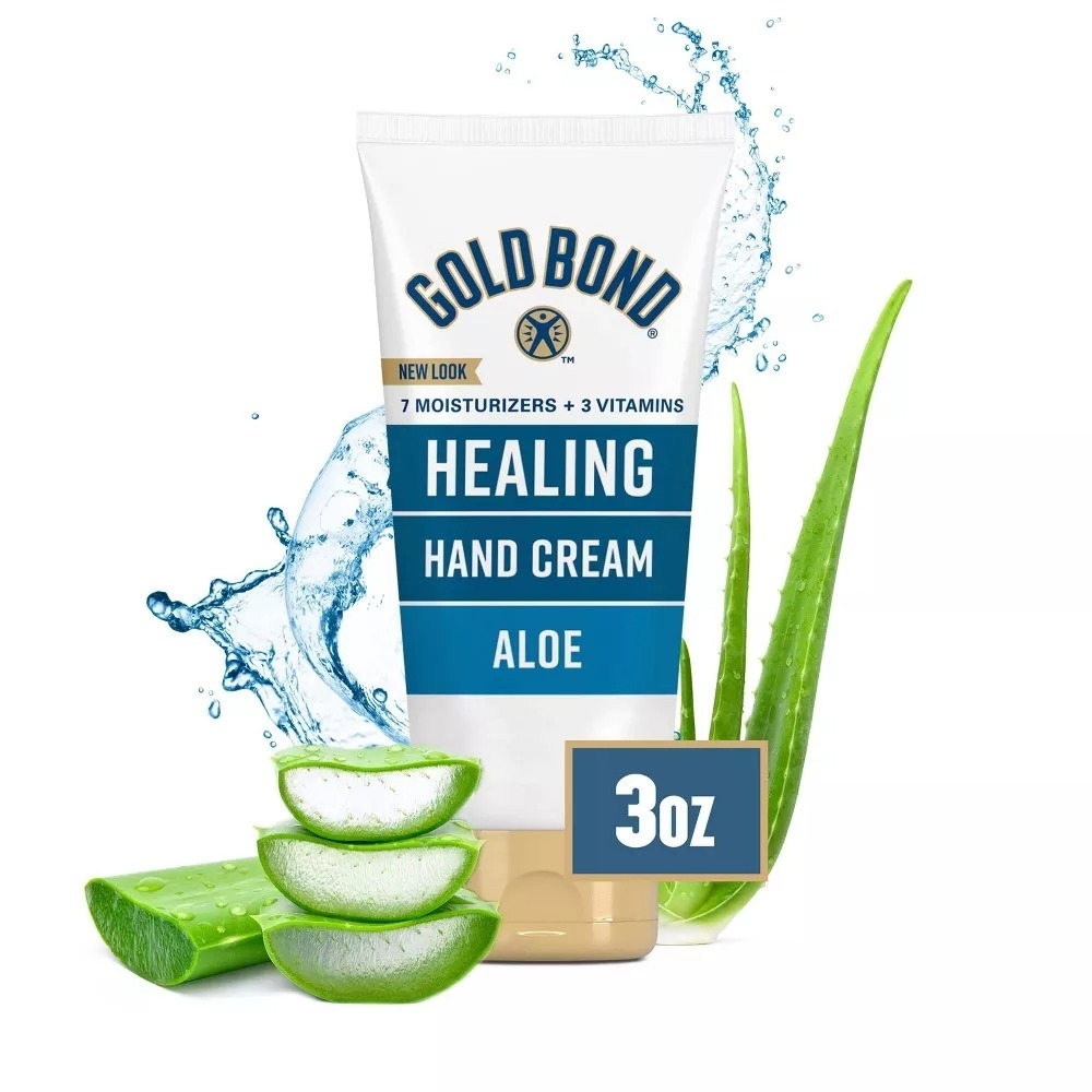 Gold Bond Healing Hand Cream with aloe, splashing water, and aloe slices; tube size labeled 3oz