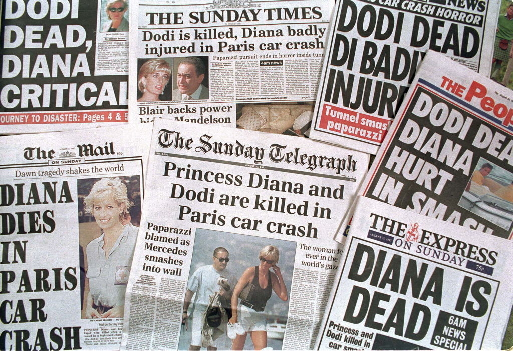 Newspaper headlines from various sources announcing the death of Princess Diana
