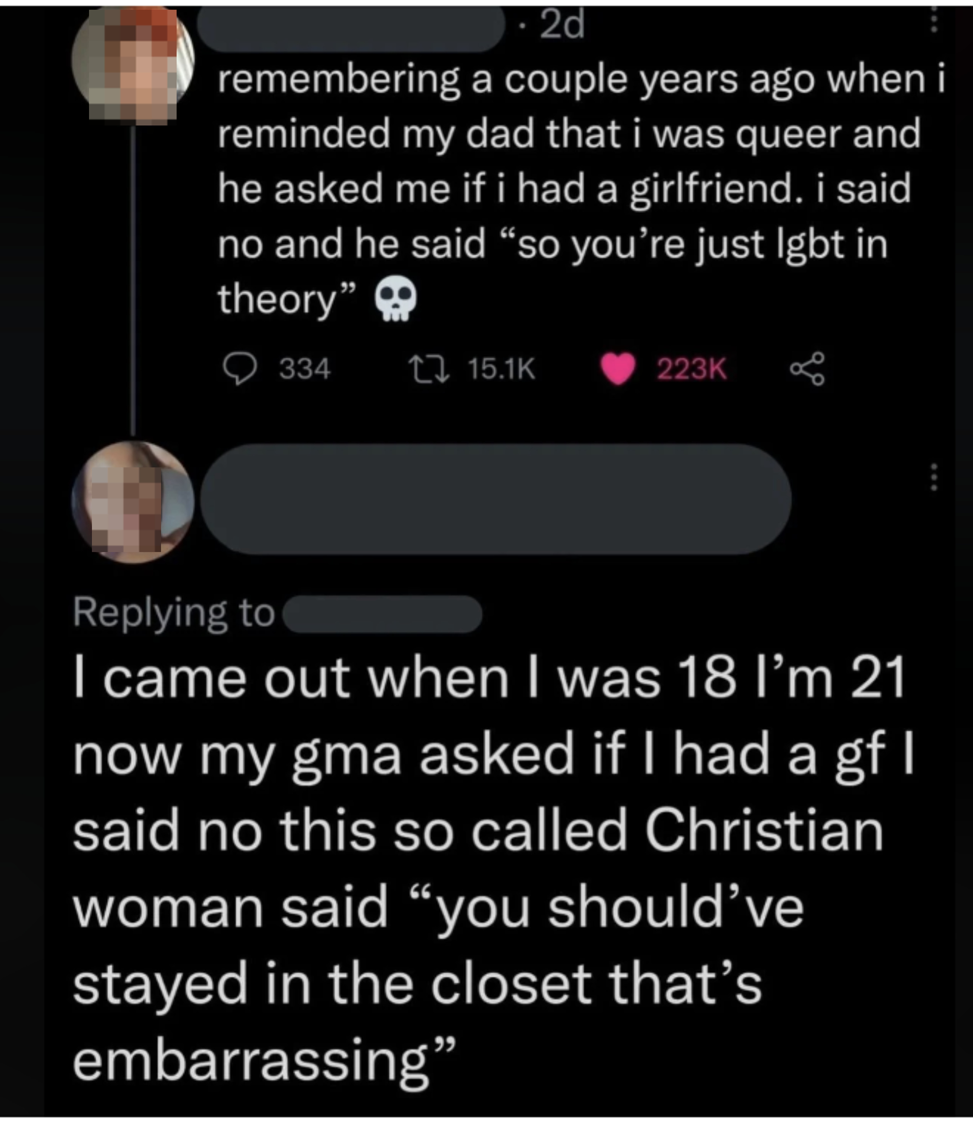 Screenshot of two social media posts discussing personal coming out experiences