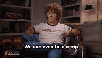 Dustin from Stranger Things in a Scoops Ahoy tee, seated, gesturing with text &quot;We can even take a trip&quot; from TV show scene