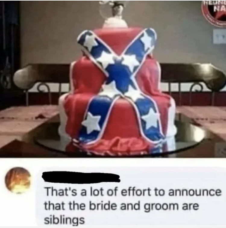The image shows a wedding cake with a controversial flag design, accompanied by a sarcastic comment on the couple&#x27;s relationship