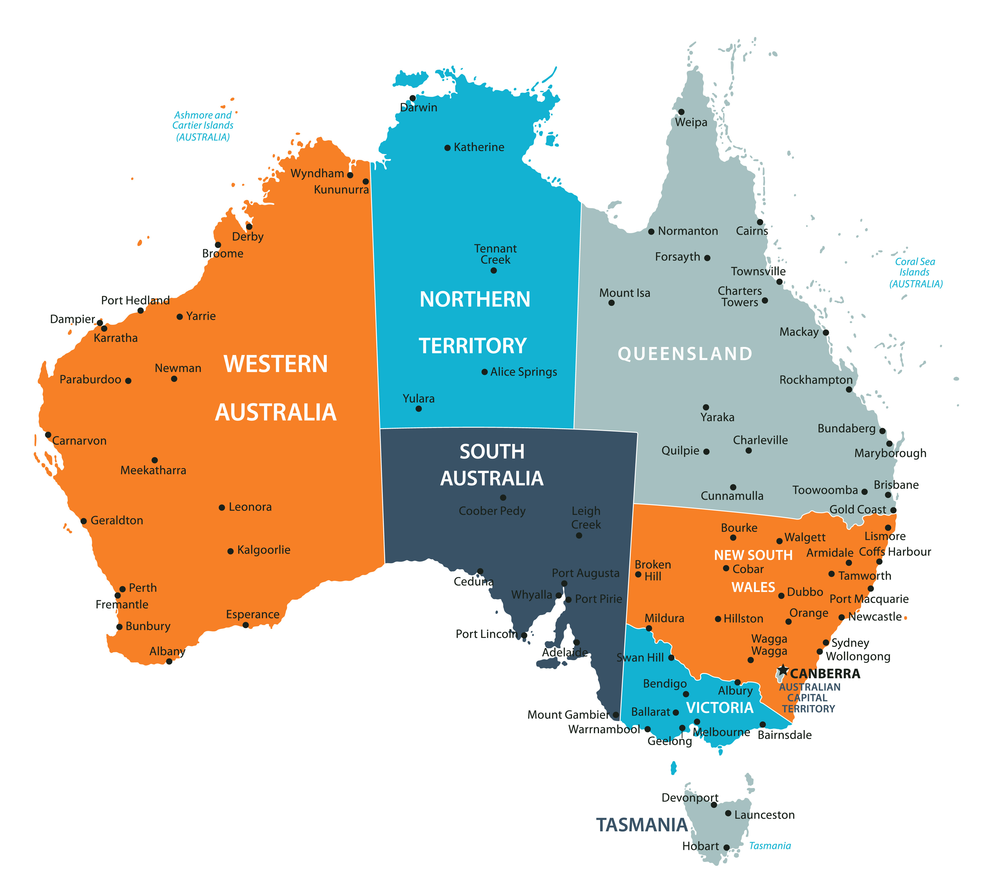 Colored map of Australia divided into states and territories with city names