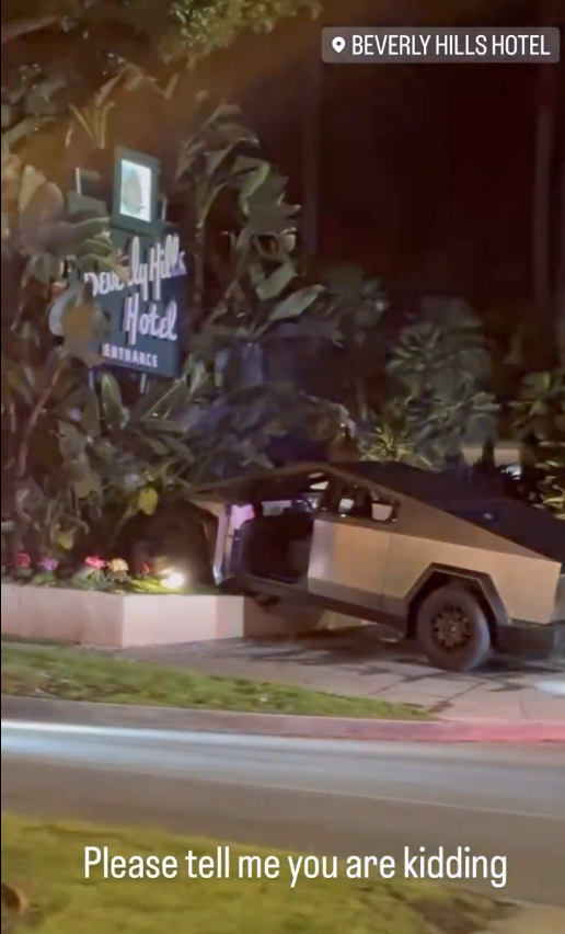 Car crashed into a sign near Beverly Hills Hotel, text overlay shows disbelief