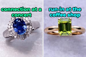 On the left, a ring with a silver band and a sapphire in the center labeled connection at a concert, and on the right, a ring with a gold band with a peridot in the center labeled run-in at the coffee shop