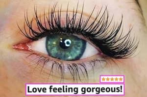 A reviewer wearing false lashes attached to magnetic eyeliner